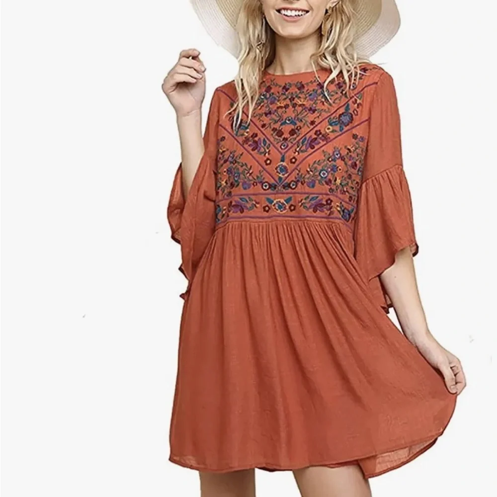 Umgee Boho Bliss Dress Clay Bohemian Embroidery Flowy‎ Sleeves Keyhole Button M